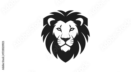 Stylized black and white lion head front view flat illustration