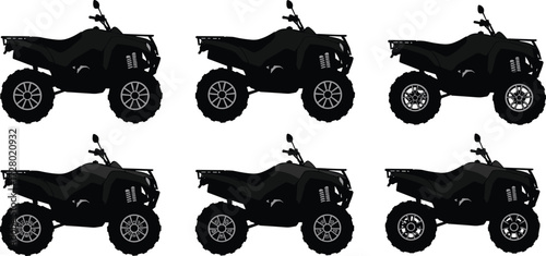 ATV quad bike silhouettes, all terrain vehicle illustration, offroad motorsport design, four wheeler icons, rugged adventure machine, dirt racing power graphic