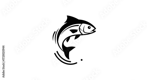 Stylized black fish jumping from water flat illustration