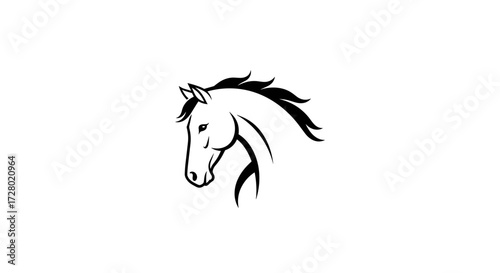Stylized black horse head profile with flowing mane on white background flat illustration