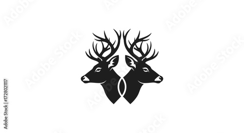 Two symmetrical black deer heads with antlers silhouette flat illustration