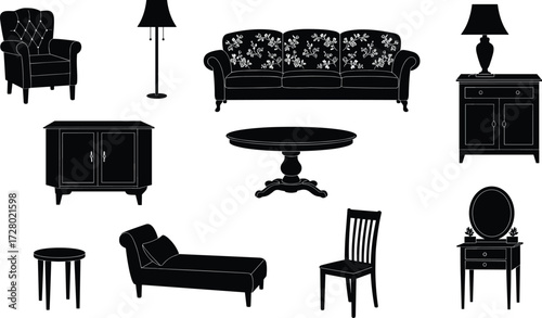 Vintage furniture silhouettes, sofa, armchair, chair, table, cabinet, lamp, chaise lounge, vanity, mirror, classic interior, retro home decor illustration