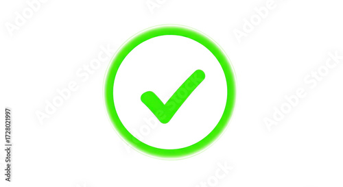 Free Download Glowing green check mark icon in circle, neon checkmark symbol for success and approval, vibrant green tick button on white background - GFXLoad