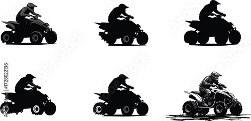ATV rider silhouette, quad bike offroad, extreme motorsport action, dirt track racing, four wheeler vehicle, outdoor adventure sport, powerful racing illustration design