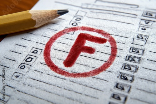 Close-up of a pencil lying on a multiple-choice test sheet with a large red failing grade marked