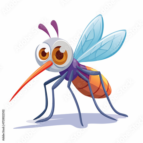 Fun cartoon illustration of a mosquito with large eyes, wings, and a long proboscis, isolated on a white background, perfect for educational or playful designs