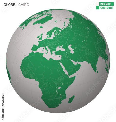 Vector Globe centered to Cairo. Snow White Forest Green palette. World map with meridians, parallels, countries, rivers and lakes. Artistic vector illustration.