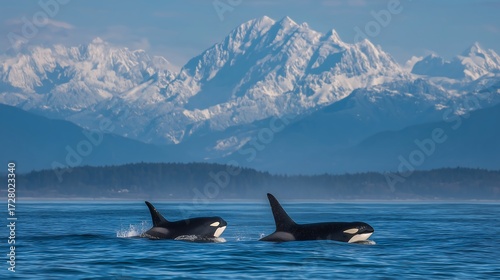 Orcas swimming in ocean with snowy mountains backdrop