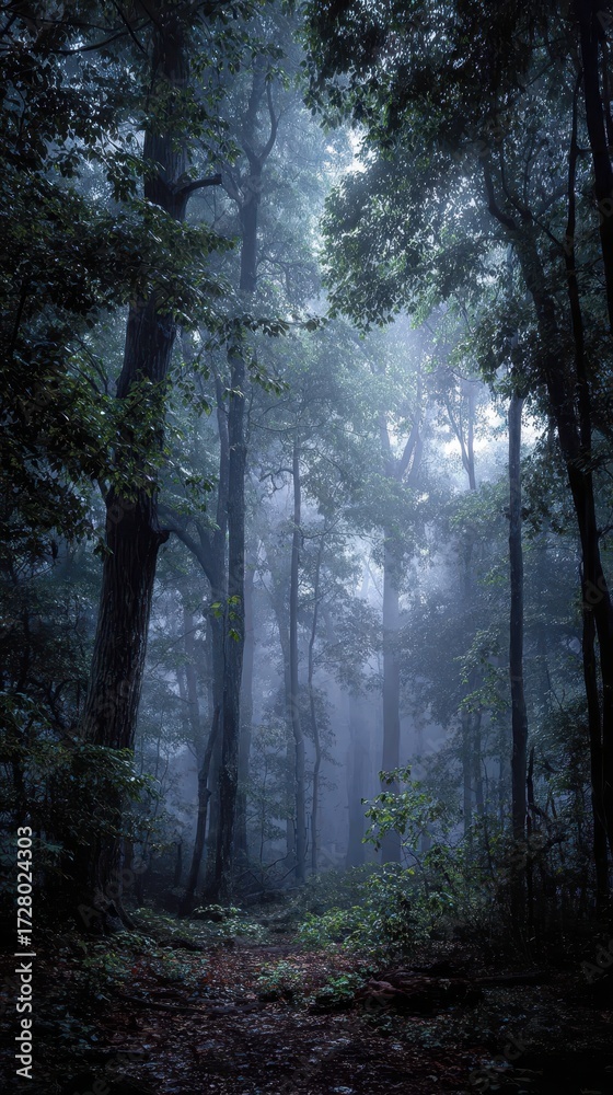 Fototapeta premium Mystical Forest Path, Enigmatic Gloom, Soft Light.