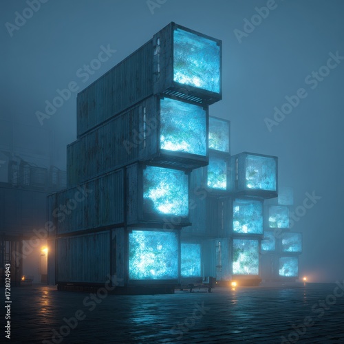 Smart shipping containers made from mushroom mycelium that regulate internal temperature using phase-change materials. They glow faintly blue when actively cooling, 