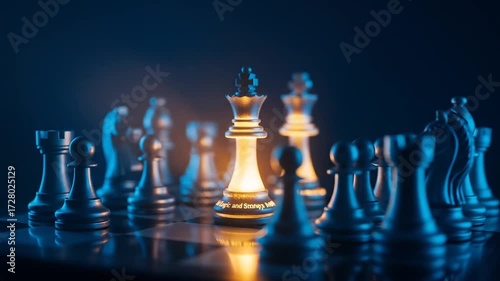 A glowing king chess piece stands out on the board, symbolizing successful business strategy, leadership, and competitive advantage