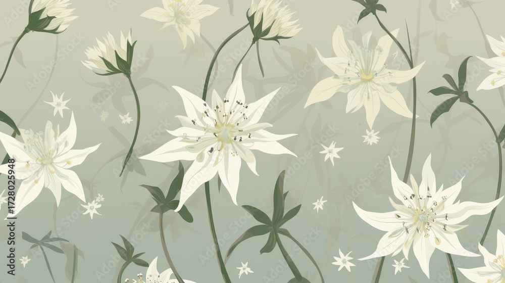 Fototapeta premium Delicate Watercolor Floral Pattern - White Star-Shaped Flowers on Soft Green Backdrop.