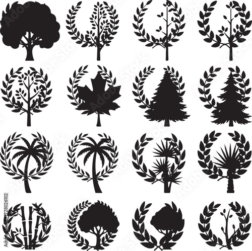 Silhouetted Flora Emblems: A collection of diverse, elegant tree and plant silhouettes. Each framed by laurel wreaths, offer a touch of natural grace, simplicity, and graphic artistry.
