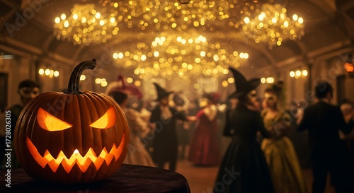 Halloween night A carved pumpkin watches a costume ball