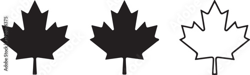 Canadian Maple Leaf Silhouettes: A set of three distinct silhouettes of a Canadian maple leaf, each offering a unique perspective – a solid black, a filled outline, and an unfilled outline.