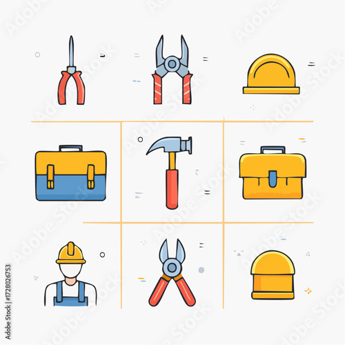 A comprehensive collection of flat line style icons representing essential construction tools, building equipment, and worker safety gear for various industrial and DIY projects