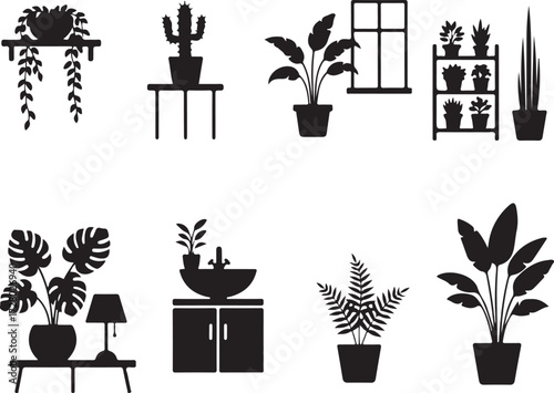 Urban Jungle: A collection of stylized illustrations showcasing various houseplants, evoking a sense of natural harmony and design flair for interior spaces.