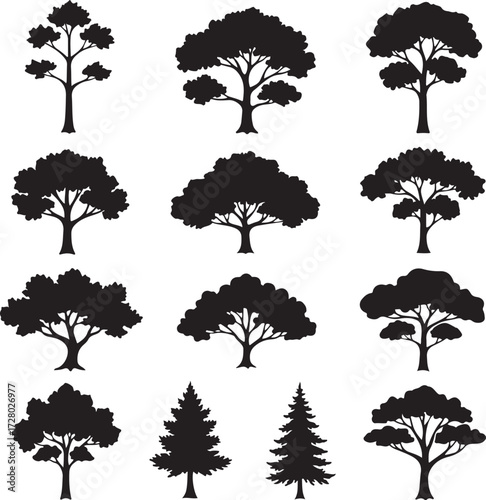 Tree Silhouette Collection: A meticulously curated selection of diverse tree silhouettes, perfectly capturing a spectrum of arboreal forms, ideal for various artistic and design applications.
