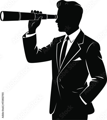 Visionary Business Leader Looking Through Spyglass Vector Illustration Silhouette Embodying Strategic Foresight and Opportunity Detection for Future Success