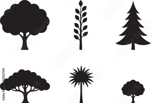 Botanical Silhouettes: A selection of tree silhouettes, perfect for illustrative and graphic use. Showcasing diverse botanical forms, offering a versatile element for design and thematic concept