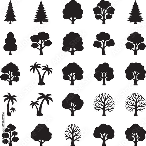 Silhouette Trees Variety Collection: A striking compilation of diverse tree silhouettes, showcasing a variety of shapes and forms against the backdrop of nature.