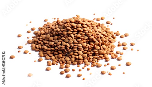 Pile of brown lentils against white background