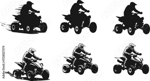 ATV rider silhouette, quad bike racing, off road adventure, extreme sport illustration, four wheeler vehicle, dirt racing action, motorsport concept design