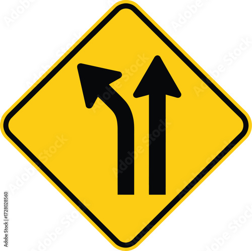 Roadway sign indicating a split direction with a left turn and a straight option ahead providing transportation guidance and warning for drivers