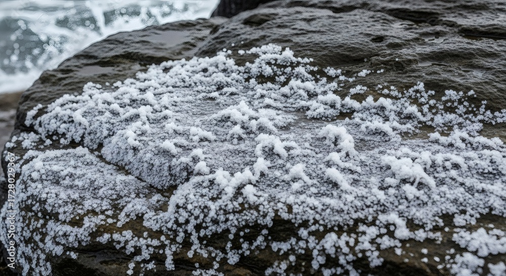 Obraz premium Closeup of frostcovered rock, showcasing intricate ice crystals and textures, capturing the beauty of winters touch on natural surfaces with a cold, crisp atmosphere