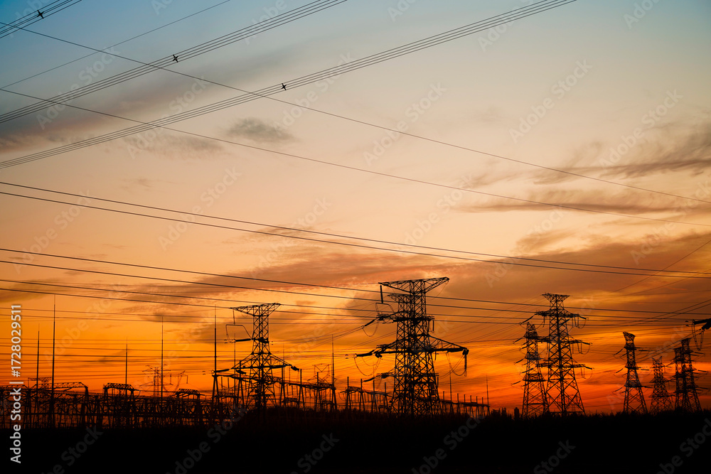 Fototapeta premium Pylon, high-voltage tower sky background.