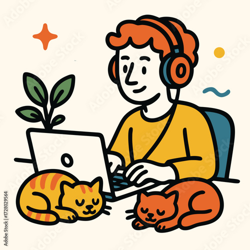 A cartoon illustration of a person wearing headphones working on a laptop, with two cute cats sleeping on the desk.