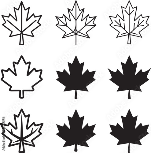 Maple Leaf Variations: A visually appealing collection of stylized maple leaf illustrations, showcasing diverse design approaches, from minimalist outlines to solid silhouettes.