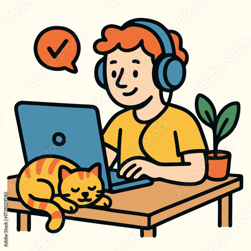 Illustration of a person with headphones working on a laptop, with a sleeping cat and a plant on the desk.