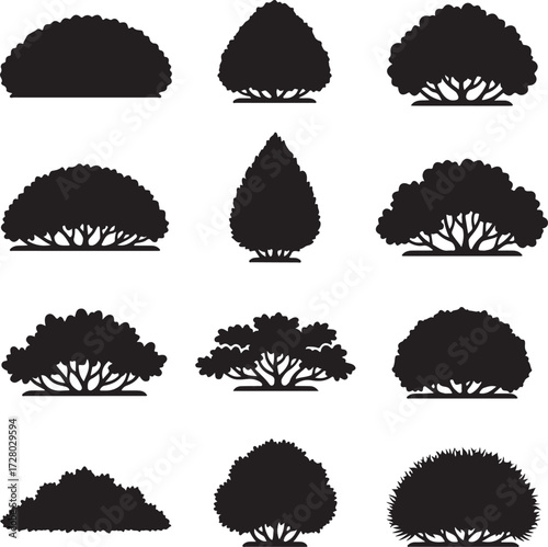 Silhouette Shapes of Topiary Trees and Shrubs: A collection of classic topiary forms, shrubs, and bushes depicted in bold black and white, perfect for design applications, showcasing nature's art. 