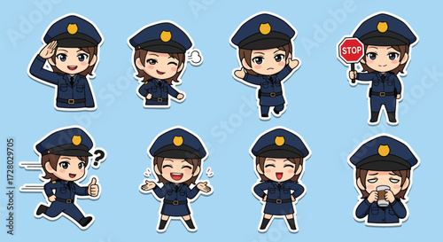 Adobe illustrator artwork vector illustration set of eight cute female police officer characters.