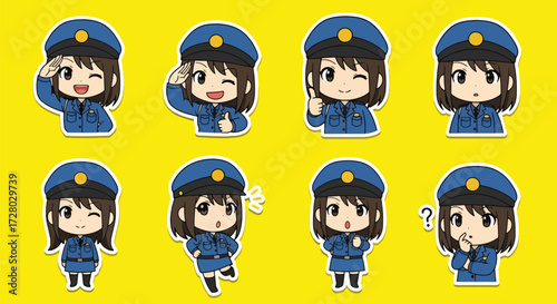 Adobe illustrator artwork vector illustration set of eight cute female police officer characters.