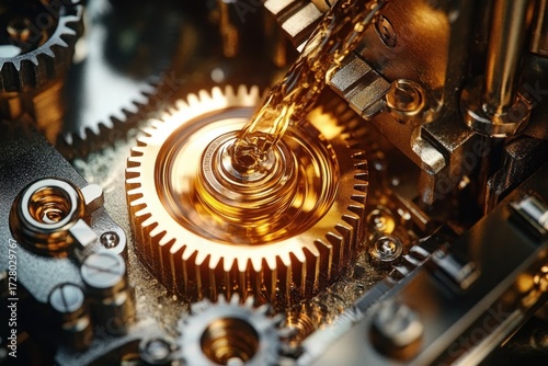 Close-up of golden gears lubricated by flowing oil inside mechanical machinery showing detailed metal components and smooth fluid motion