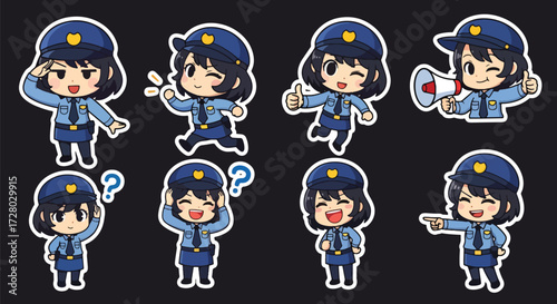 Adobe illustrator artwork vector illustration set of eight cute female police officer characters.