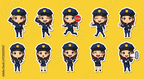 Adobe illustrator artwork vector illustration set of eight cute female police officer characters.