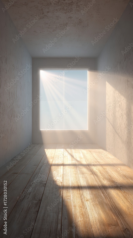 Fototapeta premium Sunlit Room - Abstract Interior with Wooden Floor and Square Window.