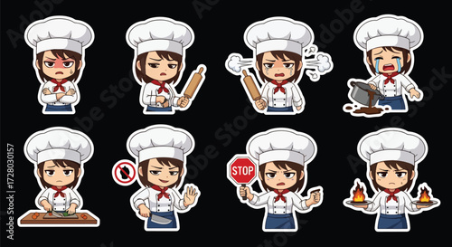 Adobe illustrator artwork vector illustration set of eight cute female chef characters.