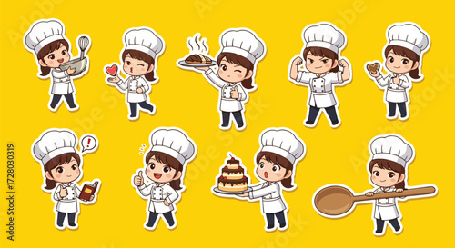 Adobe illustrator artwork vector illustration set of eight cute female chef characters.