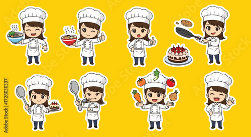 Adobe illustrator artwork vector illustration set of eight cute female chef characters.
