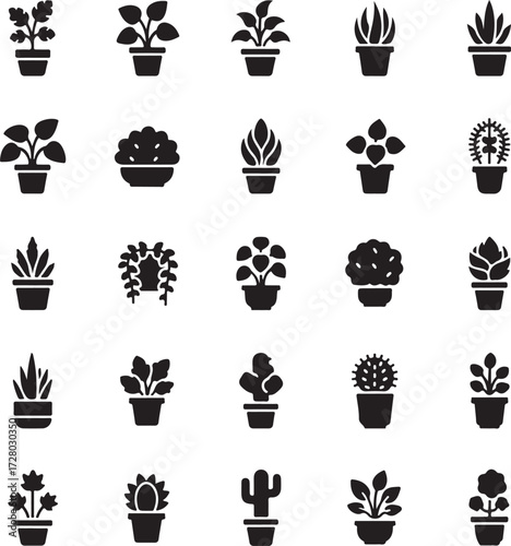 Diverse Collection of Potted Plants: A meticulously curated set of potted plants, each uniquely sculpted with a modern flat icon design, ready to bring life into any digital realm.