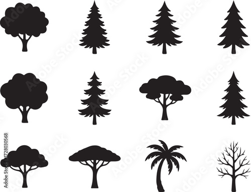 Variety of Silhouetted Trees: A captivating assortment of tree silhouettes, each a distinct symbol of the natural world, arranged to inspire imagination and wonder.