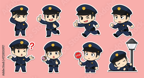 Adobe illustrator artwork vector illustration set of fifteen cute male police officer characters