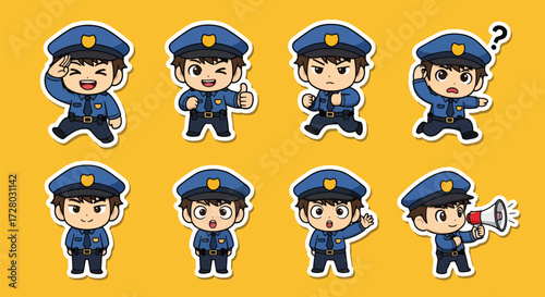 Adobe illustrator artwork vector illustration set of fifteen cute male police officer characters