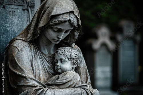 stone statue of a woman tenderly holding a sleeping child in her arms with a solemn expression in a cemetery