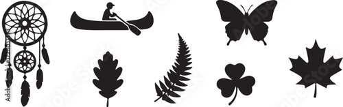 Silhouette Nature Elements: A set of elegant black silhouette illustrations of nature-inspired elements. Includes a dream catcher, canoe with paddler, butterfly, oak leaf, fern leaf, shamrock.
