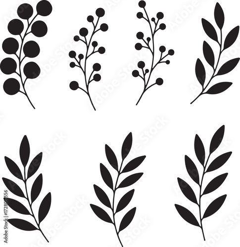 Botanical Embellishments: An assortment of elegant, vector-style botanical illustrations in a striking silhouette, evoking a sense of natural beauty and decorative potential.